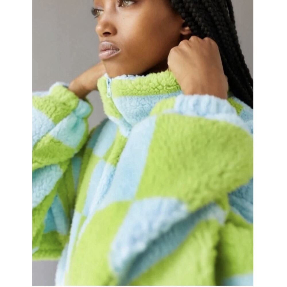 Urban Outfitters Cloud Plush Teddy Jacket Checked Zip Up Large - Picture 3 of 12